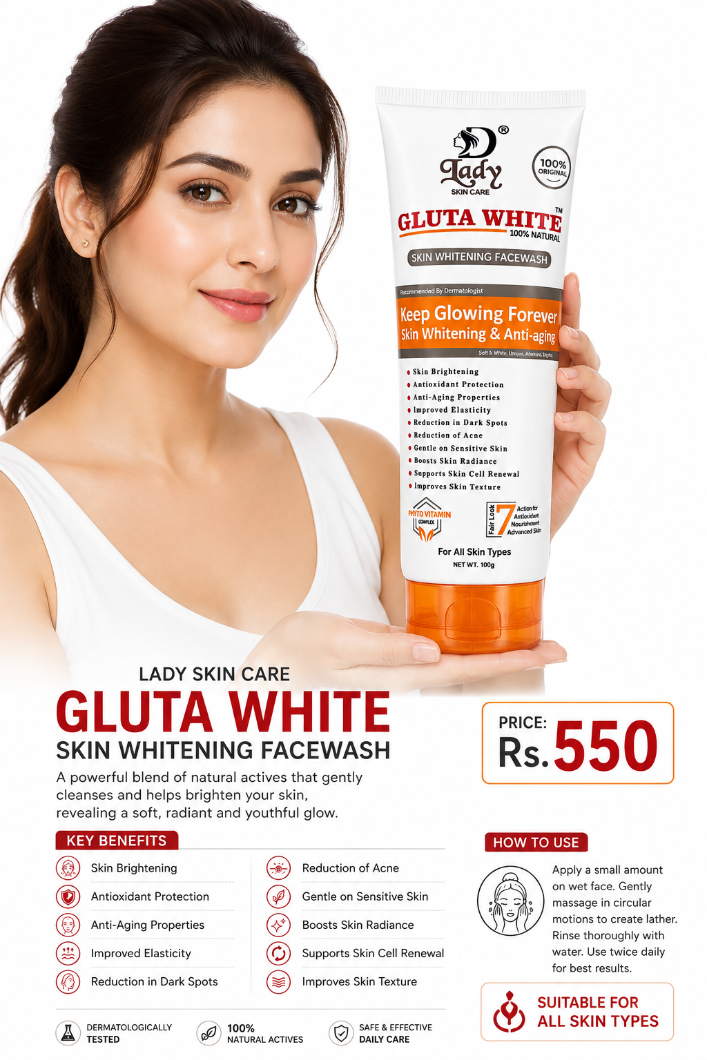 Lady Gluta White Facewash – 100g