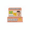 Woodward's Doltee baby teething discomfort relief product packaging, shown with a finger pointing at the box on a light surface.