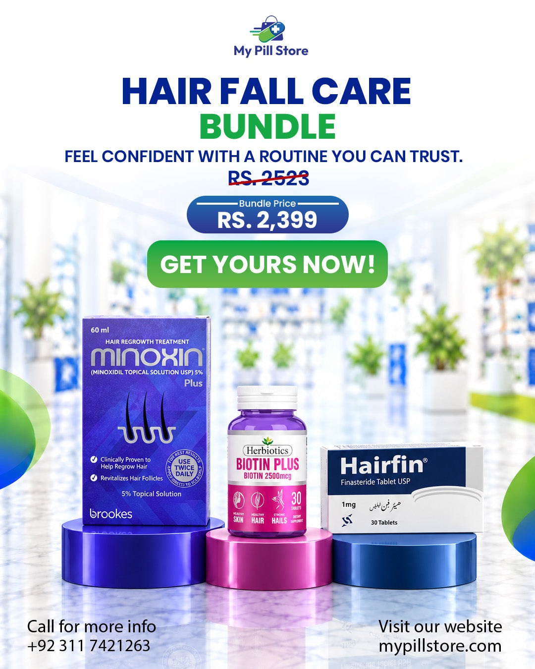 Hair Fall Control & Regrowth Combo – Minoxin, Biotin Plus & Hairfin | My Pill Store