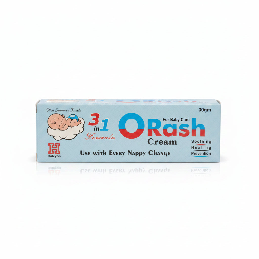 A 30g box of Halcyon 3 in 1 ORash Cream for baby care, featuring a light blue background with red, blue, and black text and a cartoon baby illustration.