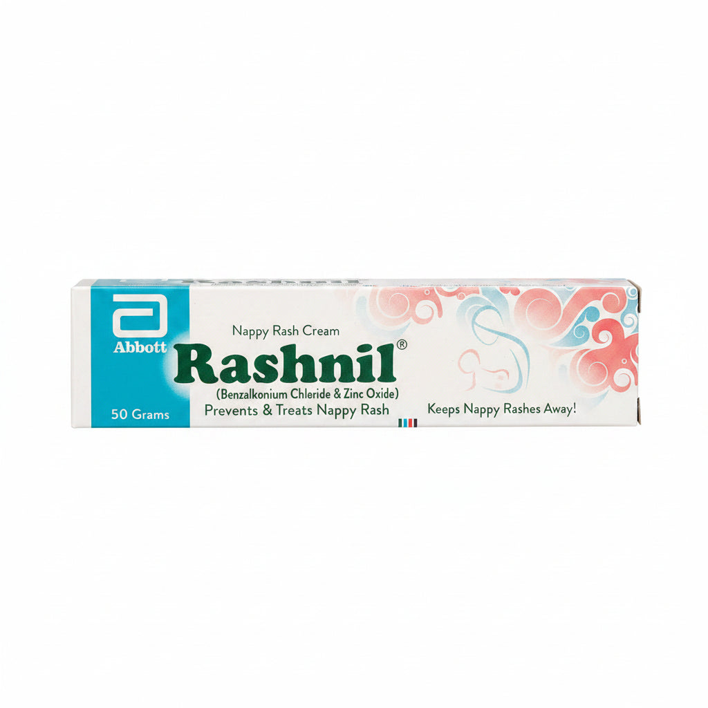 A box of Abbott Rashnil Nappy Rash Cream, 50 grams, featuring a white and teal design with pink and blue decorative swirls on a white background.