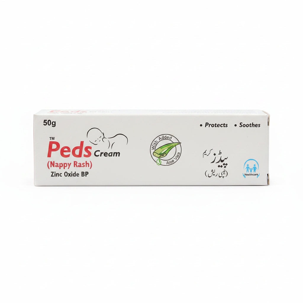 A 50g box of Peds Cream (Nappy Rash) Zinc Oxide BP, featuring a white cardboard packaging with red and black text, an illustration of a baby, and a green aloe vera logo.