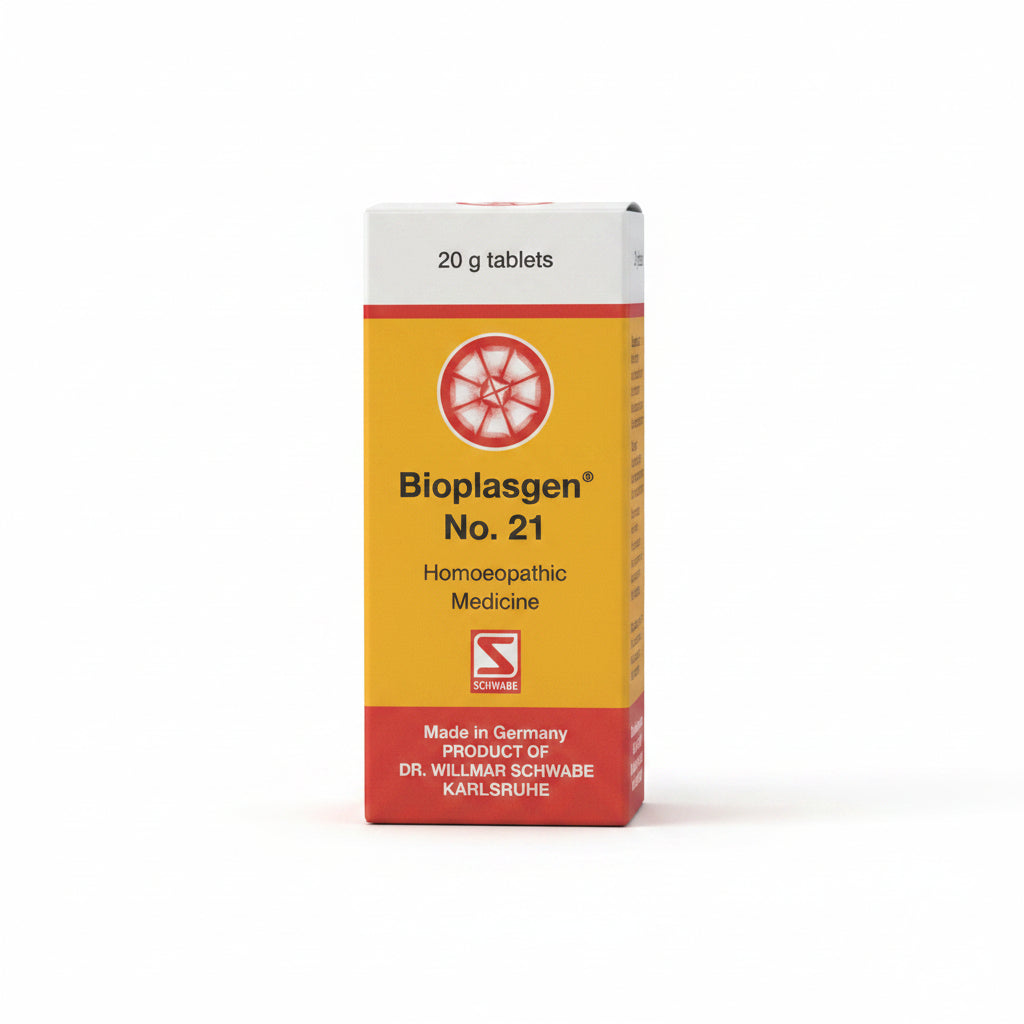 A box of Bioplasgen No. 21 Homoeopathic Medicine by Schawen, featuring a yellow and red design with a white top section, photographed on a light gray surface.